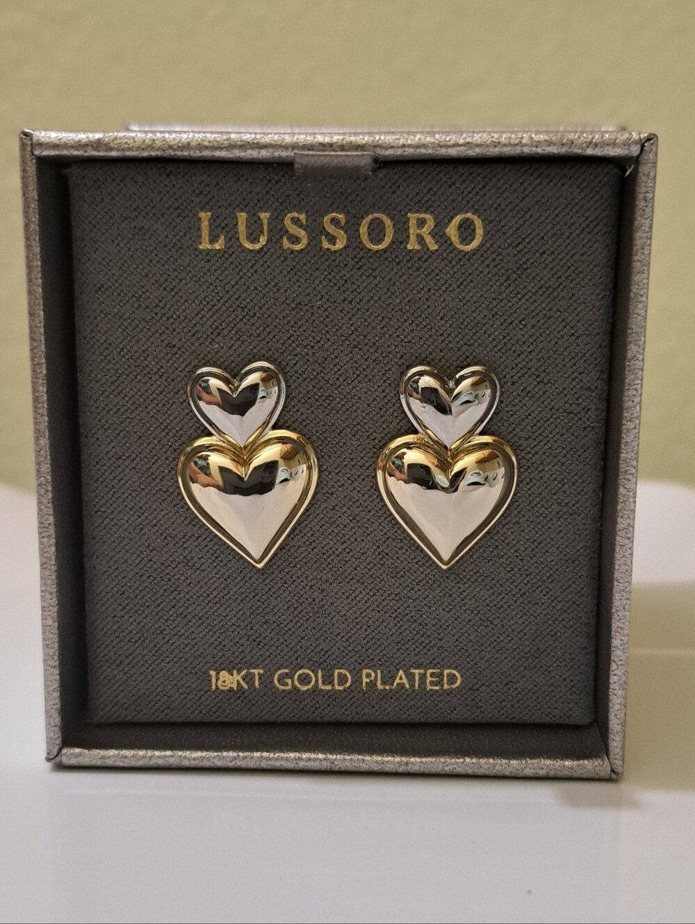Double Heart Stud Earrings - Gold And Silver Tone